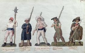 A Sans Culotte with his Pike, a Carter, a Market Porter, a Cobbler and a Carpenter (gouache on card) 14th