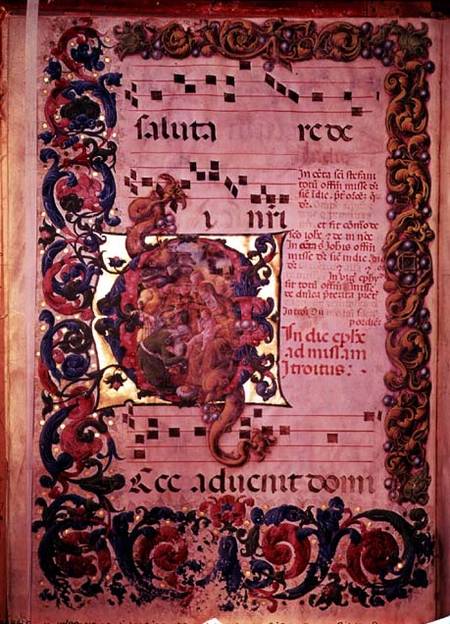 Page of music with an historiated initial 'G' depicting the Adoration of the Magi, from an antiphona von Liberale  da Verona