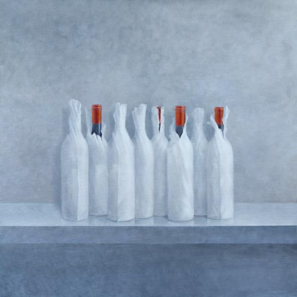 Wrapped bottles on grey, 2005 (acrylic on canvas) 
