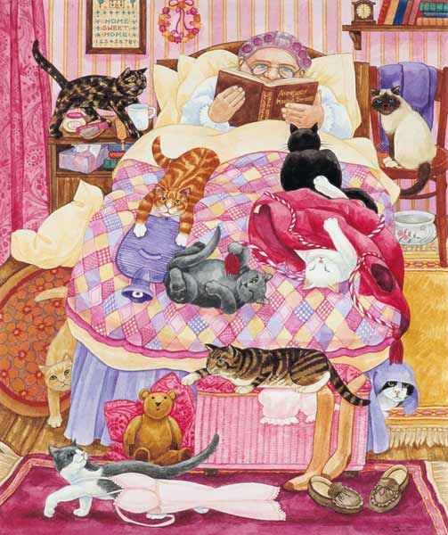 Grandma and 10 cats in the bedroom von Linda  Benton