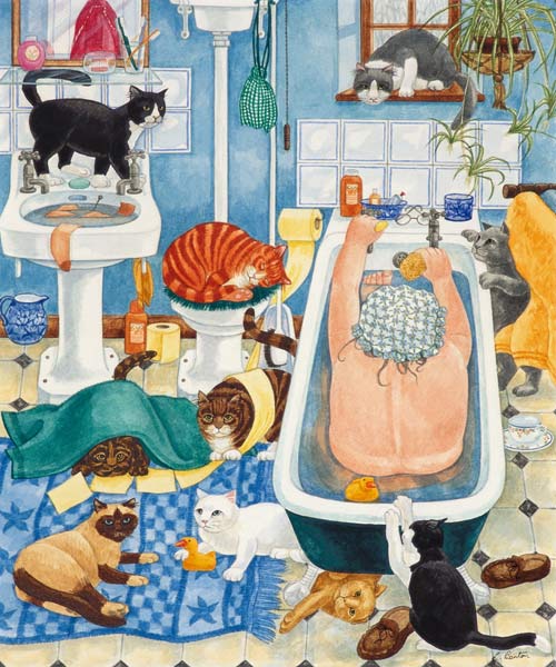 Grandma and 10 cats in the bathroom von Linda  Benton