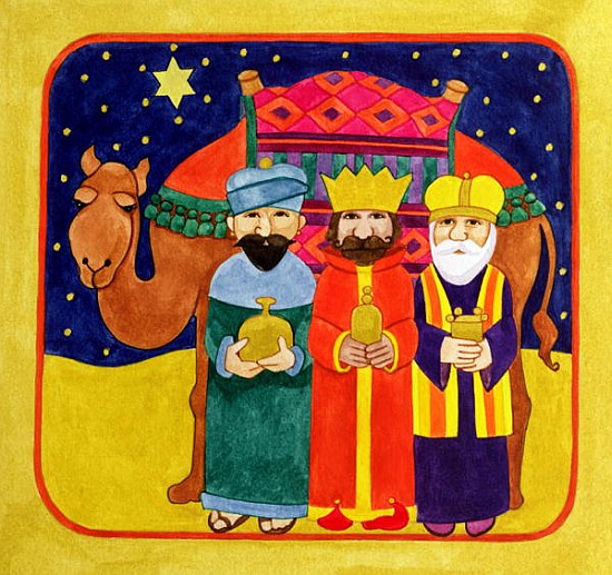 Three Kings and Camel (gouache on paper)  von Linda  Benton