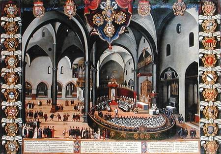 Organ door depicting the Council of Aquileia in 1596 at Udine von Lodewyk Pozzoserrato Toeput