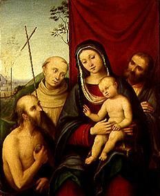 Die hl. Familie mit Heiligen von Lorenzo Costa