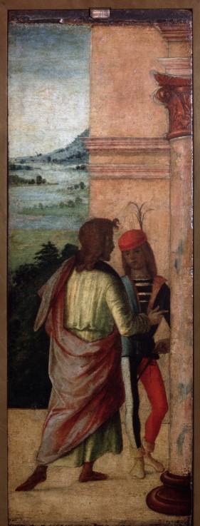 Zwei Männer, an einer Säule stehend von Lorenzo Costa