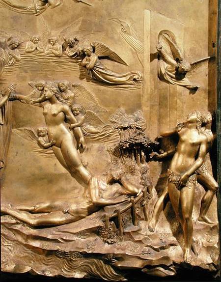 The Story of Adam, detail of the Creation of Eve and The Expulsion, from one of the original panels von Lorenzo Ghiberti