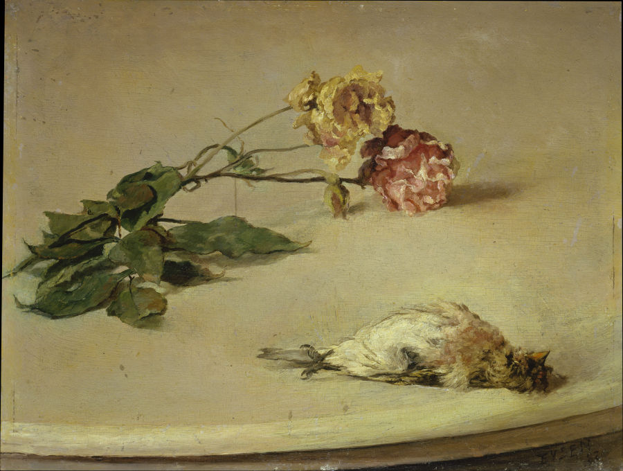 Toter Vogel und zwei Rosen auf einer Tischplatte von Louis Eysen