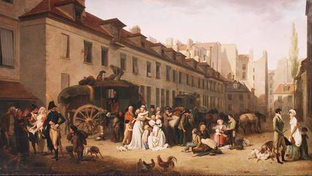 The Arrival of a Stagecoach at the Terminus, rue Notre-Dame-des-Victoires, Paris von Louis-Léopold Boilly