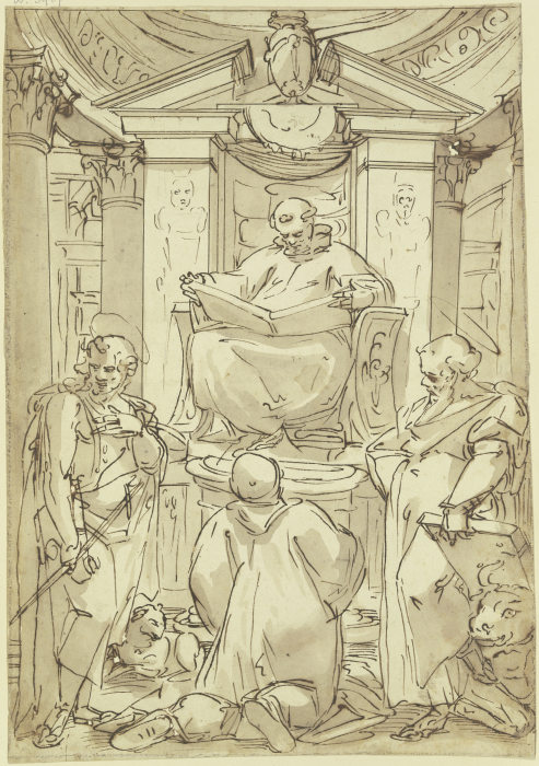 Der Heilige Benedikt (?) mit aufgeschlagenem Buch auf einem Postament vor Aedicula und Kuppelansatz  von Luca Cambiaso