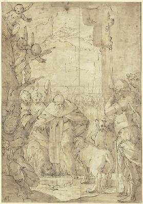 Der Heilige Hieronymus mit zwei Löwen umgeben von Heiligen und Engeln