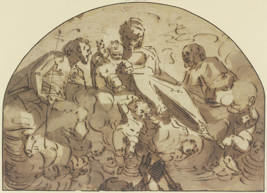 Madonna auf Wolken von Engeln getragen zwischen zwei Heiligen von Luca Cambiaso