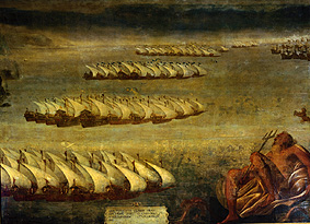 Die Seeschlacht von Lepanto. von Luca Cambiaso