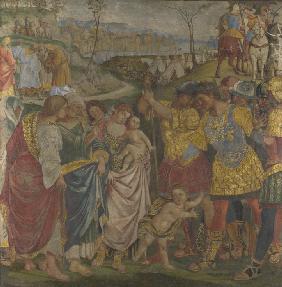 Coriolanus' Frau und seine Mutter bitten ihn, Rom zu verschonen (Fresco auf Palazzo del Magnifico, S 1509