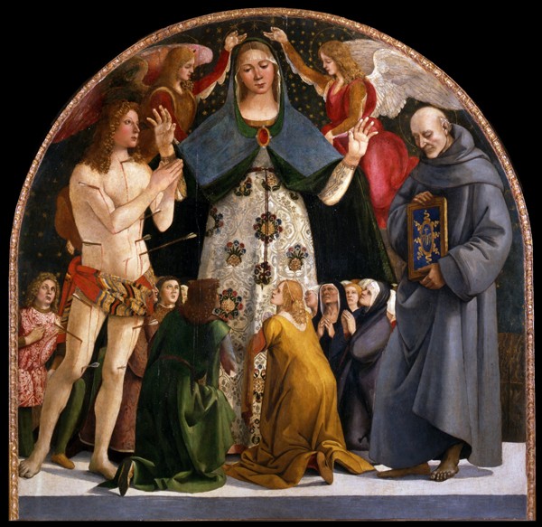 Madonna der Barmherzigkeit mit Heiligen Sebastian und Bernhardin von Siena von Luca Signorelli