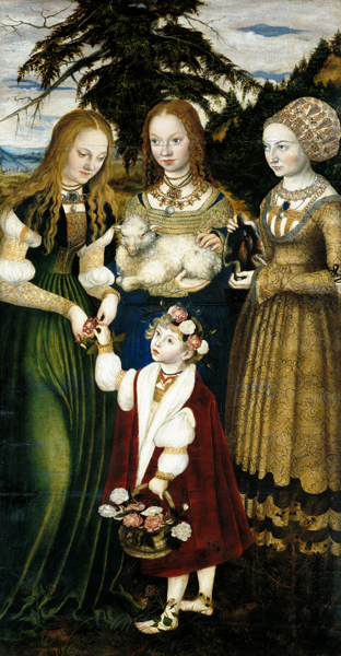 Katharinenaltar, linker Flügel: Die Heiligen Dorothea, Agnes und Kunigunde von Lucas Cranach d. Ä.