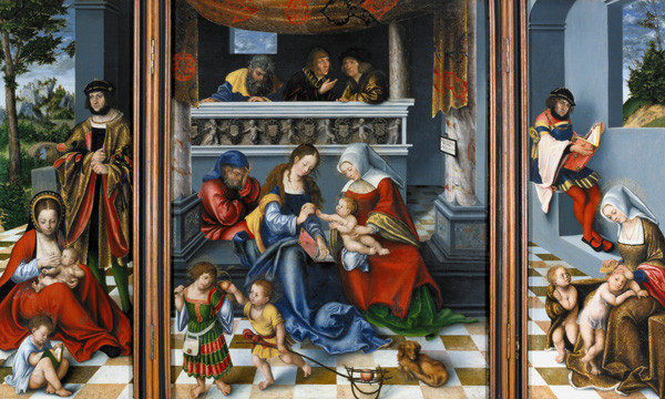 Torgauer Altar Li.Maria Kleophas/Alphäus, Mi.die hl. Sippe, ReMaria Salome un Zebedäus. von Lucas Cranach d. Ä.