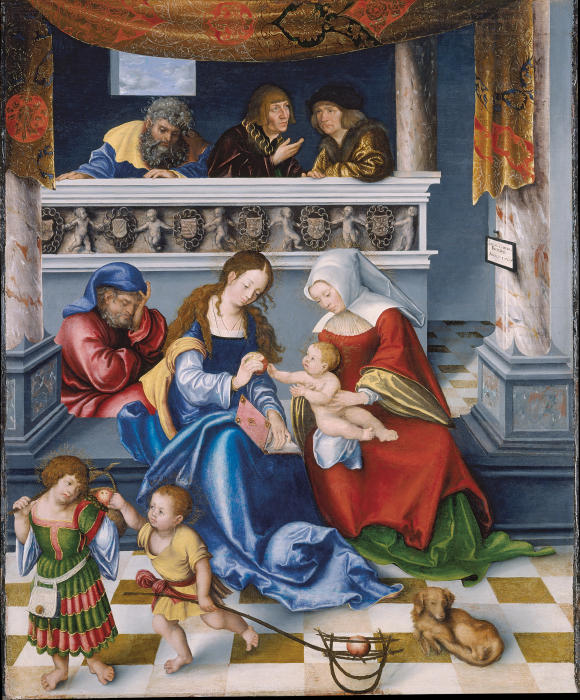 Joseph, Maria, Anna und der Jesusknabe, im Hintergrund die drei Gatten Annas: Joachim, Kleophas (mit von Lucas Cranach d. Ä.