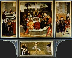 Triptych, left panel, Philipp Melanchthon performs a baptism assisted by Martin Luther; centre panel 1547