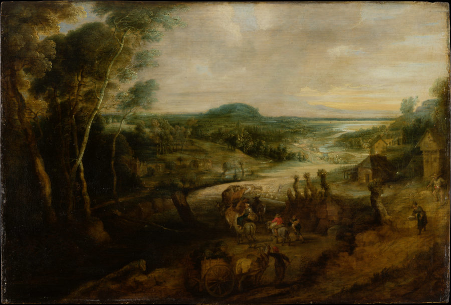 Flusslandschaft mit Bauern auf dem Weg zum Markt von Lucas van Uden