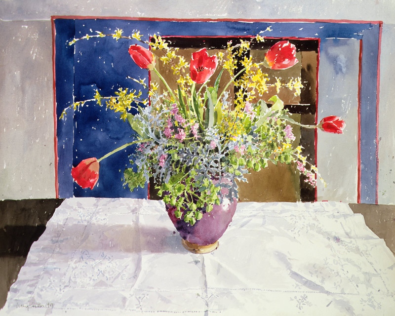 Spring Flowers in a Vase, 1988 (w/c on paper)  von Lucy Willis