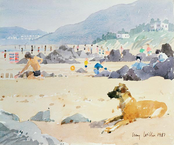 Dog on the Beach, Woolacombe, 1987 (w/c on paper)  von Lucy Willis