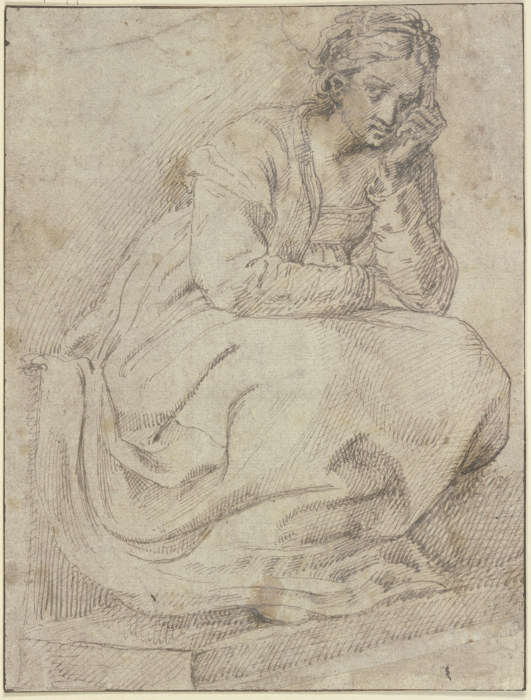 Eine auf einer Treppe sitzende Frau von Ludovico Carracci