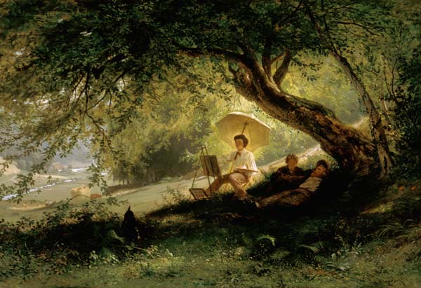 Maler am Waldrand mit Blick in ein Flusstal von Ludwig Hugo Becker