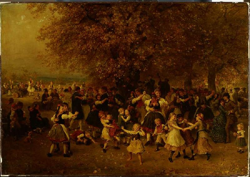 Das Kirchweihfest (Tanz unter den Linden vor einem hessischen Dorf) von Ludwig Knaus