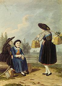 Trachtenstudie: Bauersfrauen und Milchmädchen aus der Gegend von München Um 1805