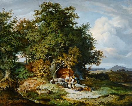 Herbstlicher Wald mit Schäferfamilie 1837