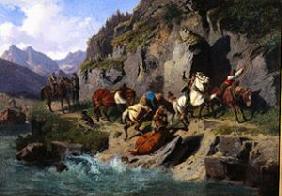 Treidelknechte mit Pferden beim Schleppen von Lastkähnen (Inn) 1859
