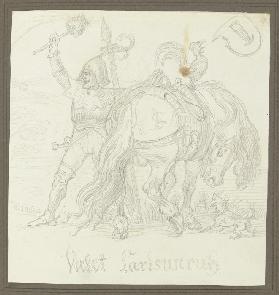 "Valet Karlsunruhe", Ritter mit seinem Pferd zurückweichend