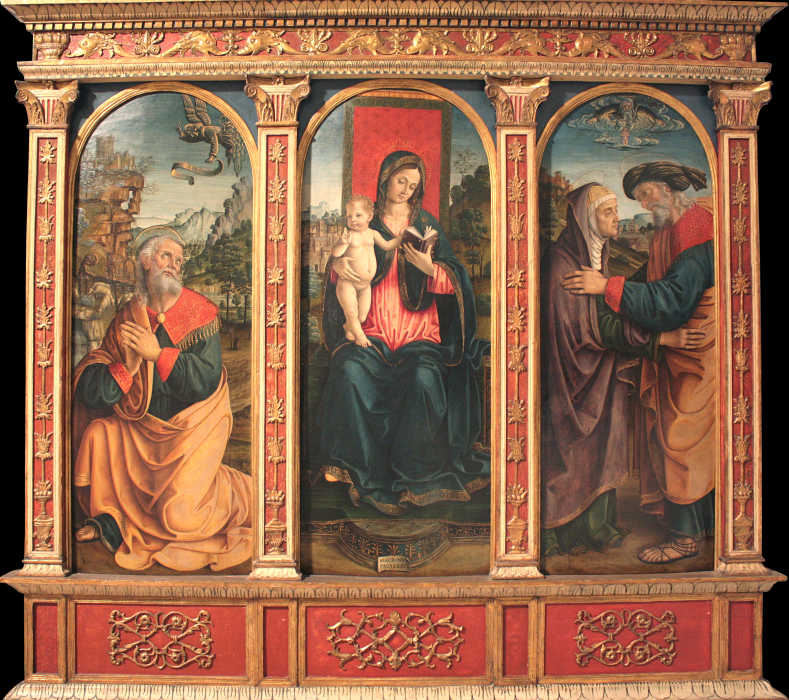 Madonna mit Kind, Verheißung an Joachim, Begegnung Joachims und Annas an der Goldenen Pforte von Macrino d'Alba