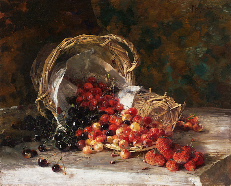 Stillleben mit Kirschen und Erdbeeren im geflochtenen Korb von Magda Kröner