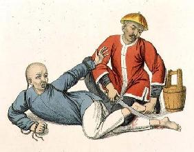 Hamstringing a Malefactor, plate 17 from 'The Punishments of China', engraved by J. Dadley, 1804 (en 1925