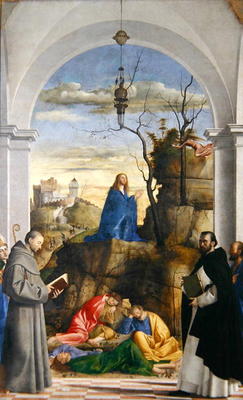 Agony in the Garden with SS. Dominico, Mark, Louis of Toulouse and Francis of Assisi, 1510 (oil on c von Marco Basaiti