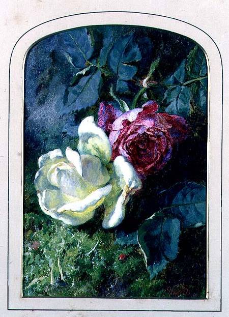 Roses and a ladybird on a mossy bank (board) von Martha Darley Mutrie