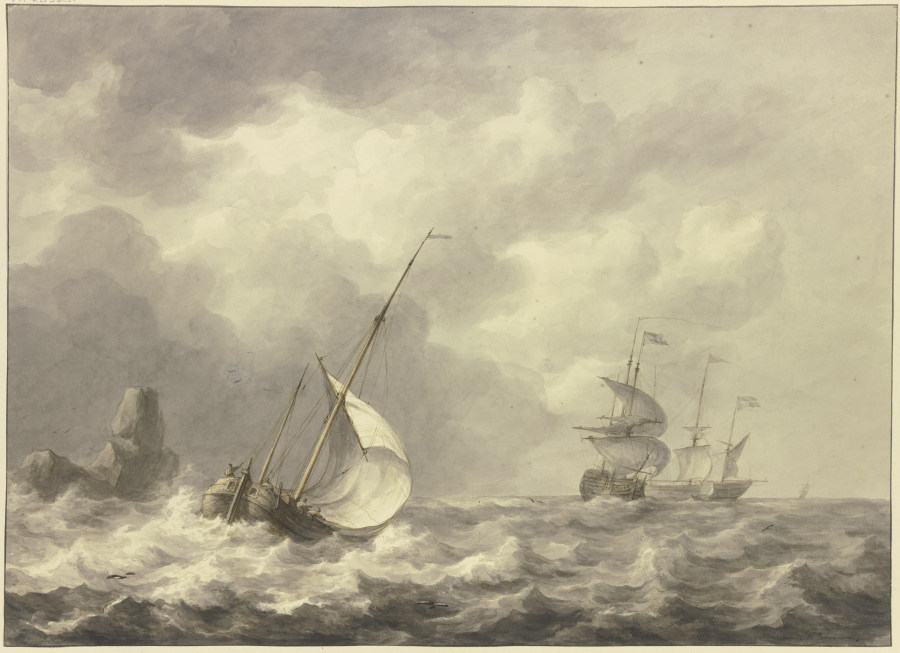 Drei Schiffe und Boot nach rechts, viertes Boot ist in die Brandung eines Felsens geraten. von Martinus Schouman