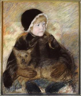 Elsie Cassatt, einen großen Hund haltend Um 1880