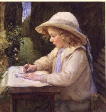 Girl drawing on a garden table (study) von Mary Lascelles Harcourt