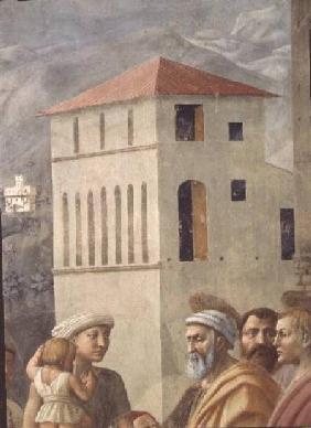 St. Peter Distributing the Common Goods of the Church, and the Death of Ananias, (Detail of the back c.1427