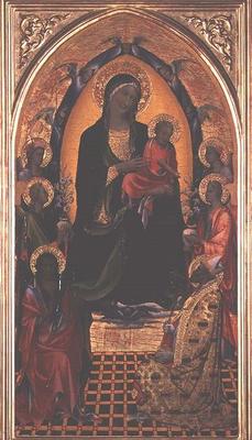 Madonna and Child with St. John the Baptist and St. Nicholas of Myra (tempera on panel) von Master of the Bambino Vispo