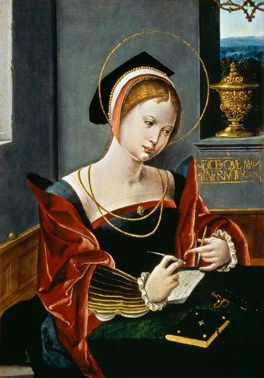 Portrait of a lady writing von Master of the Female Half Lengths