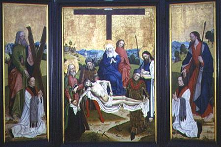 Altarpiece with a pieta and donors in centre panel; St. Andrew and St. John on the side panel von Master of the Life of Virgin Mary
