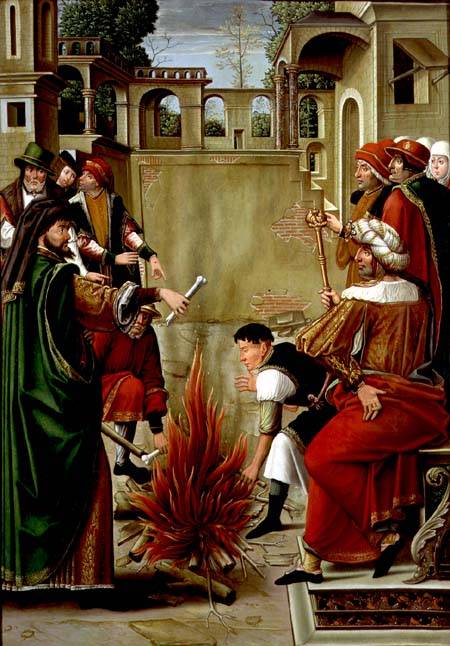 Emperor Julian the Apostate burning the bones of St. John the Baptist (panel) von Master of the St. Johns Retable