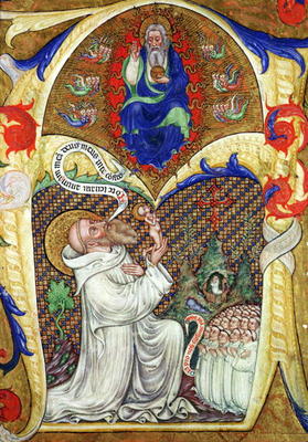 Historiated initial 'A' depicting St. Benedict offering his soul to God the Father, Lombardy School von Master of the Vitae Imperatorum