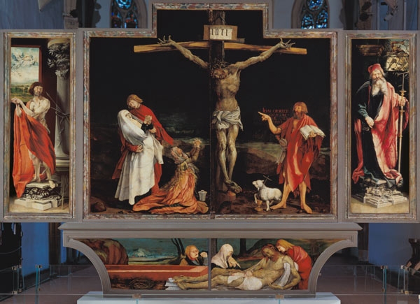 Isenheimer Altar Erste Schauseite, Totale: Die hll. Antonius und Sebastian, Kreuzigung Christi, Grab von Mathias (Mathis Gothart) Grünewald