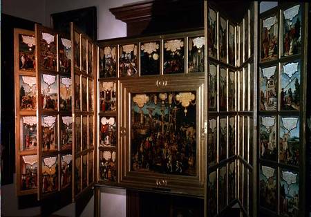 Mompelgarter Altarpiece, with central panel and six hinged side panels, all depicting scenes from th von Matthias Gerung or Gerou