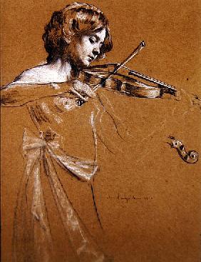 Young Girl Playing a Violin with Bared Breasts 1910