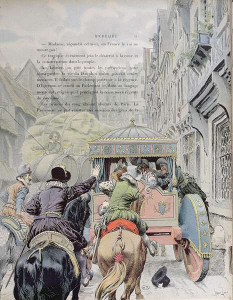 Assassination of Henri IV by Francois Ravaillac in the rue de la Ferronerie on 14th May 1610, c.1900 von Maurice Leloir